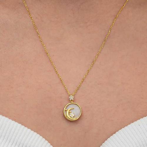 G�m�� Gold Sedef Ta�l� Ay Y�ld�z Hilal Kad�n Kolye