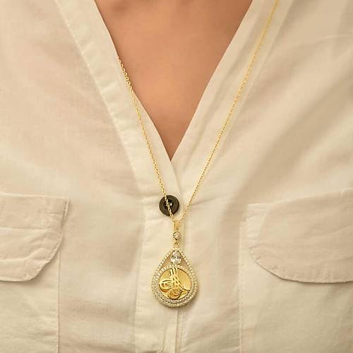 G�m�� Gold Kaplama Damla Tu�ral� Kad�n Kolye