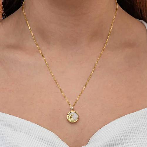 G�m�� Gold Sedef Ta�l� Ay Y�ld�z Hilal Kad�n Kolye