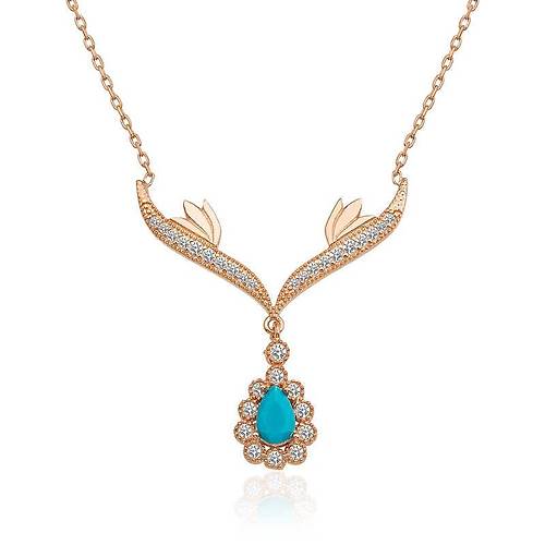 G�m�� Rose Turkuaz Ta�l� Madalyon Bayan Kolye