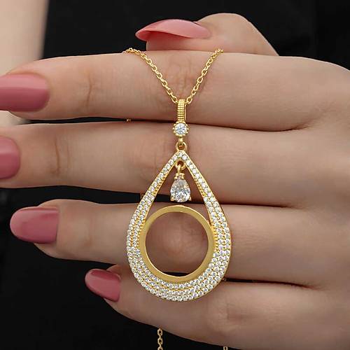 G�m�� Gold Kaplama Damla �eyrek Tak�labilen Kad�n Kolye