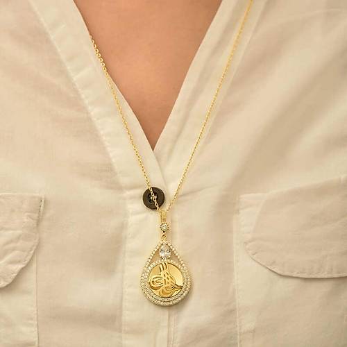 G�m�� Gold Kaplama Damla Tu�ral� Kad�n Kolye