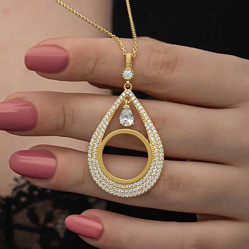 G�m�� Gold Kaplama Damla �eyrek Tak�labilen Kad�n Kolye