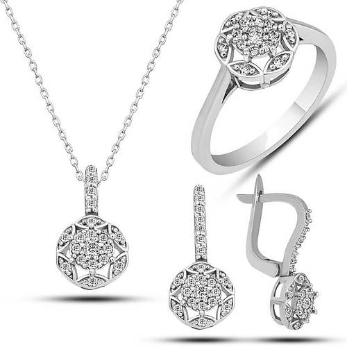 G�m�� Beyaz Zirkon Ta�l� �i�ek Kad�n Set