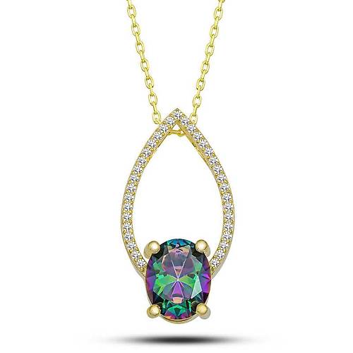 Gm Gold Oval Mistik Topaz Tal Damla Kadn Kolye