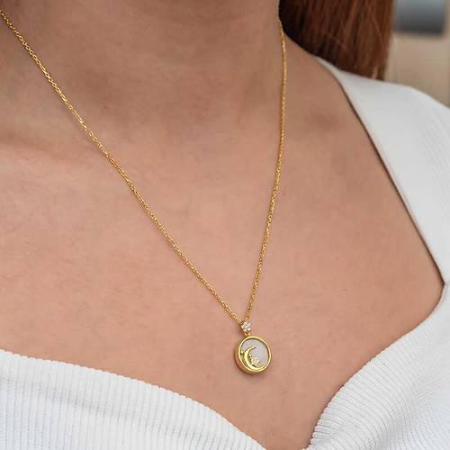 G�m�� Gold Sedef Ta�l� Ay Y�ld�z Hilal Kad�n Kolye