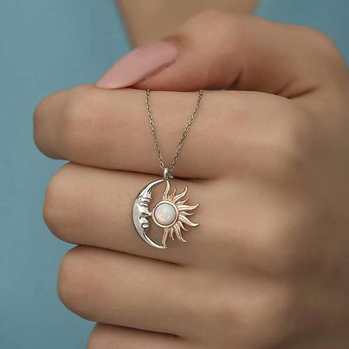 G�m�� Opal Beyaz Ta�l� Ay G�ne� Kad�n Kolye