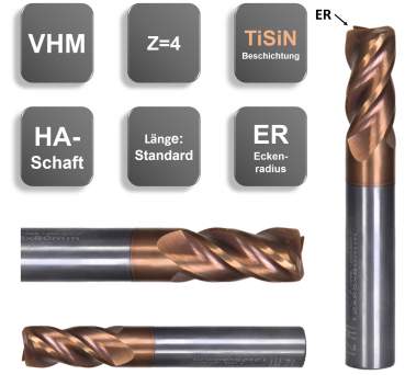 8,0 ER0.5 x 19 x 63, d2=8 mm ✔ Karbür Parmak Freze ucu, TiSiN Köşe Radyüs