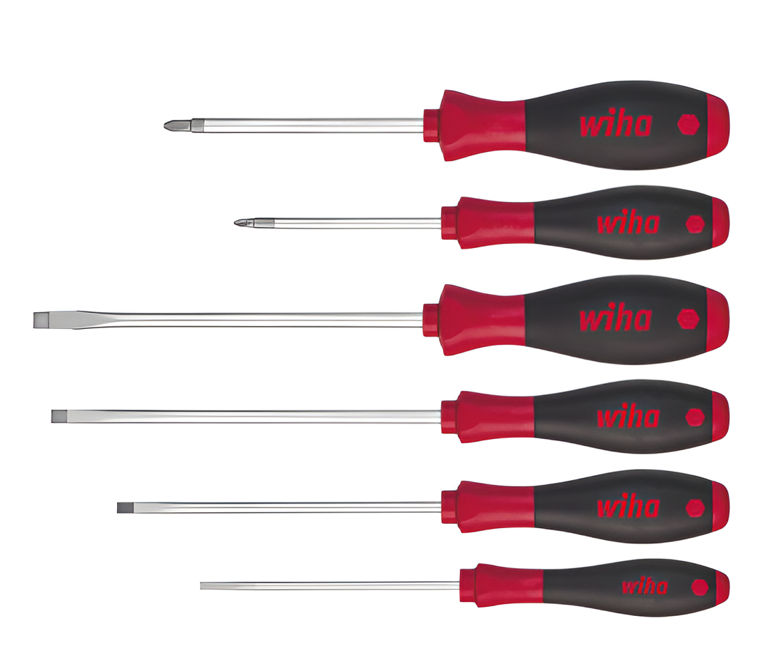Wiha Tornavida seti SoftFinish® Oluklu, Pozidriv 6 parçalı, yüksek kaliteli krom-vanadyum-molibden çeliği, sertleştirilmiş, ChromTop® kaplamalı