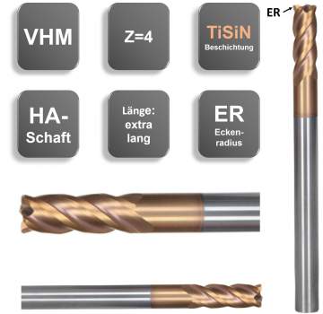 8,0 ER1 x 20 x 75, d2=8 mm ✔ Uzun Karbür Parmak Freze ucu, TiSiN Köşe Radyüs