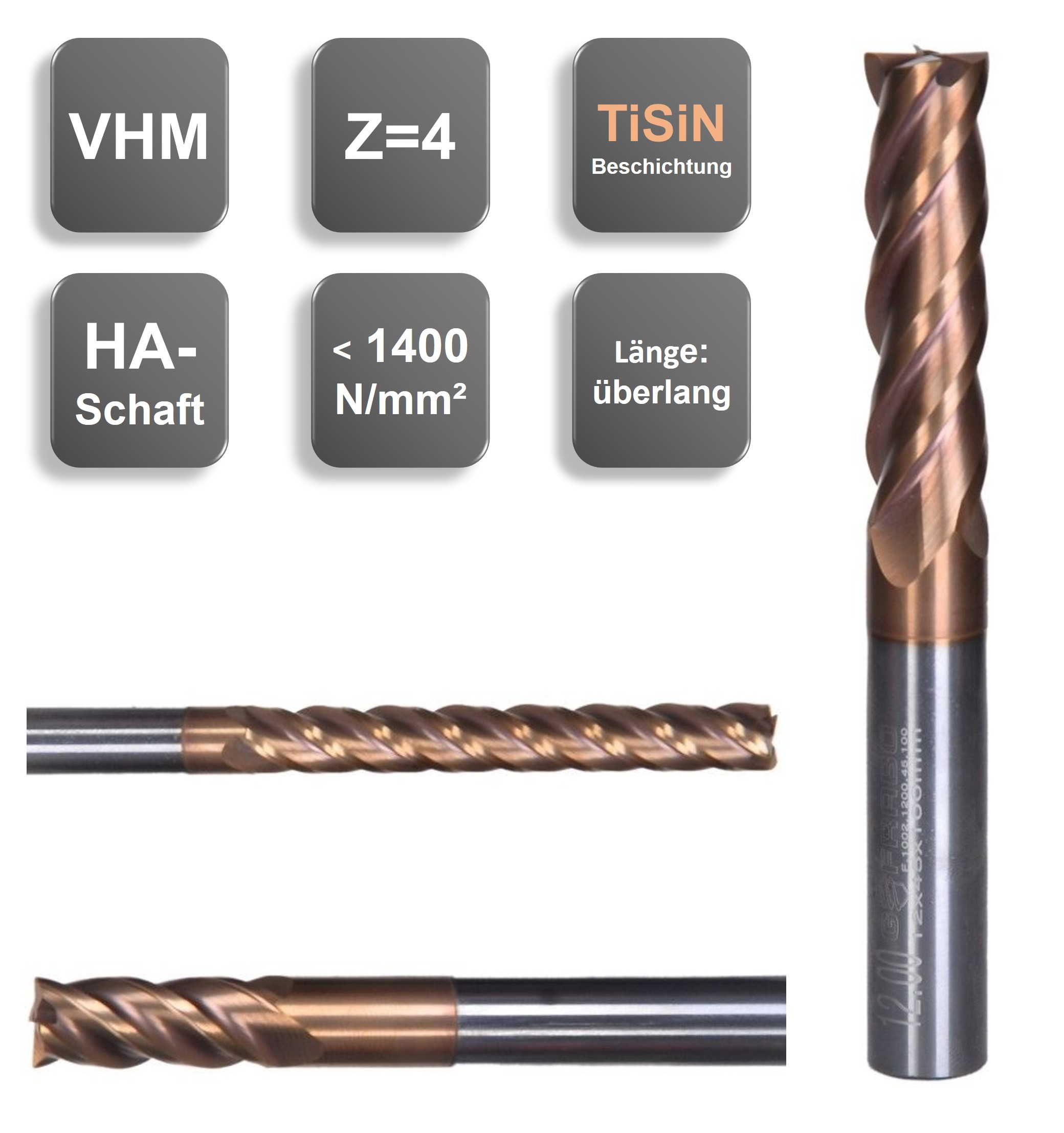 8,0 x 45 x 100, d2=8 mm ✔ Karbür Uzun Parmak Freze ucu, Z=4, TiSiN-Kaplamalı