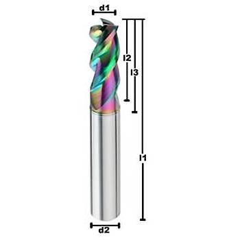 Ø Rainbow Kaplama - Karbür Freze ucu, Z=3, 42/45°, RainBow, Alümyum Freze ucu