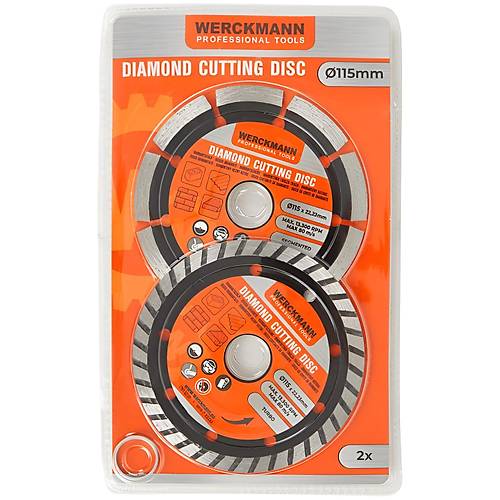 Elmas beton, tu�la, orta sert ta�lar ve kiremitler kesme diski (dairesel testere) 115 mm 2 adet Werckmann