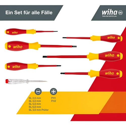 Tornavida seti SoftFinish elektrikli cihazlar iin: Oluklu, Phillips yldz 7 paral, Wiha
