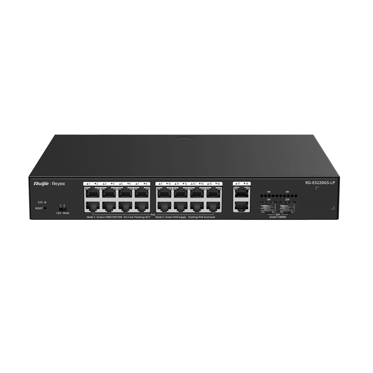 Ruijie RG-ES220GS-LP 16 Port Gigabit PoE 2 Port Uplink 2 Port SFp 130W L2 Yönetilebilir PoE Switch