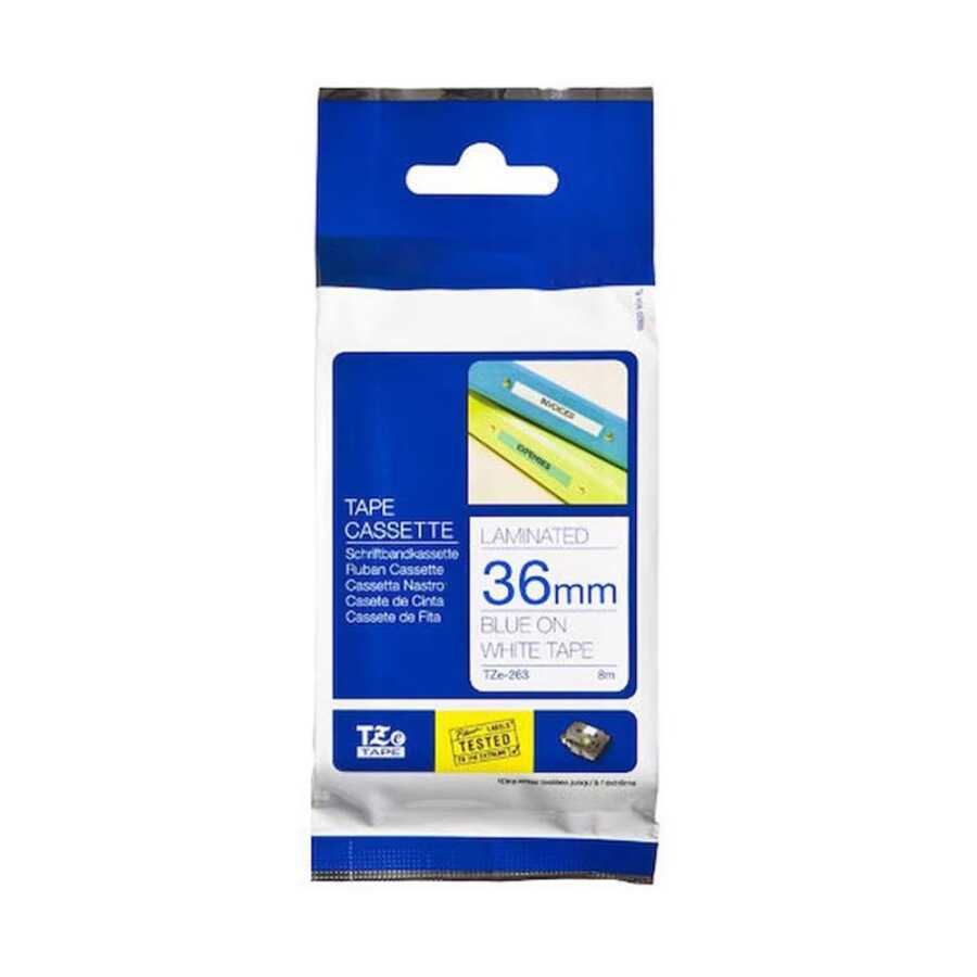 Brother P-Touch TZE-263 36mm 8Mt Beyaz Üzerine Mavi Laminasyonlu Etiket