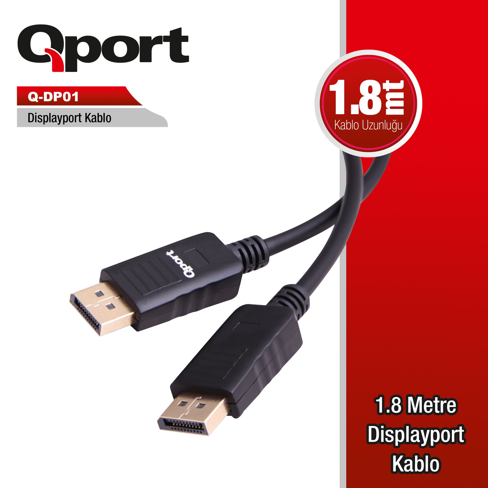 Qport Q-DP01 1.8 Mt DISPLAY PORT to DISPLAY PORT Erkek-Erkek Görüntü Kablosu