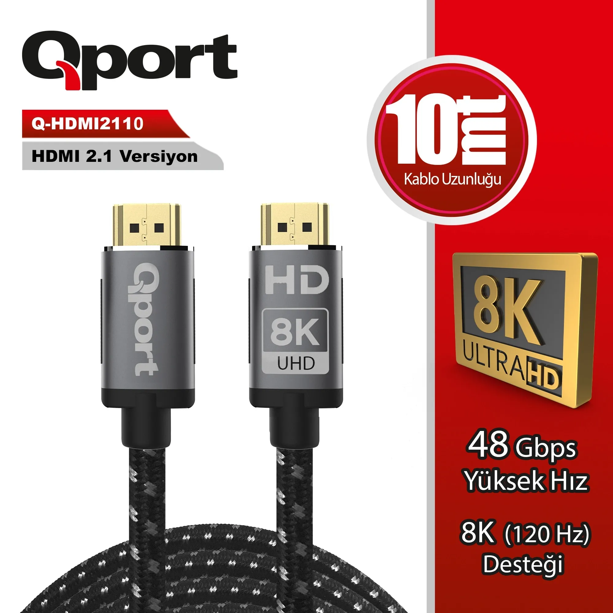 Qport Q-HDMI2110 10 Mt HDMI to HDMI v2.1 8K 120Hz 48Gbps Altın Uçlu HDMI Görüntü Kablosu