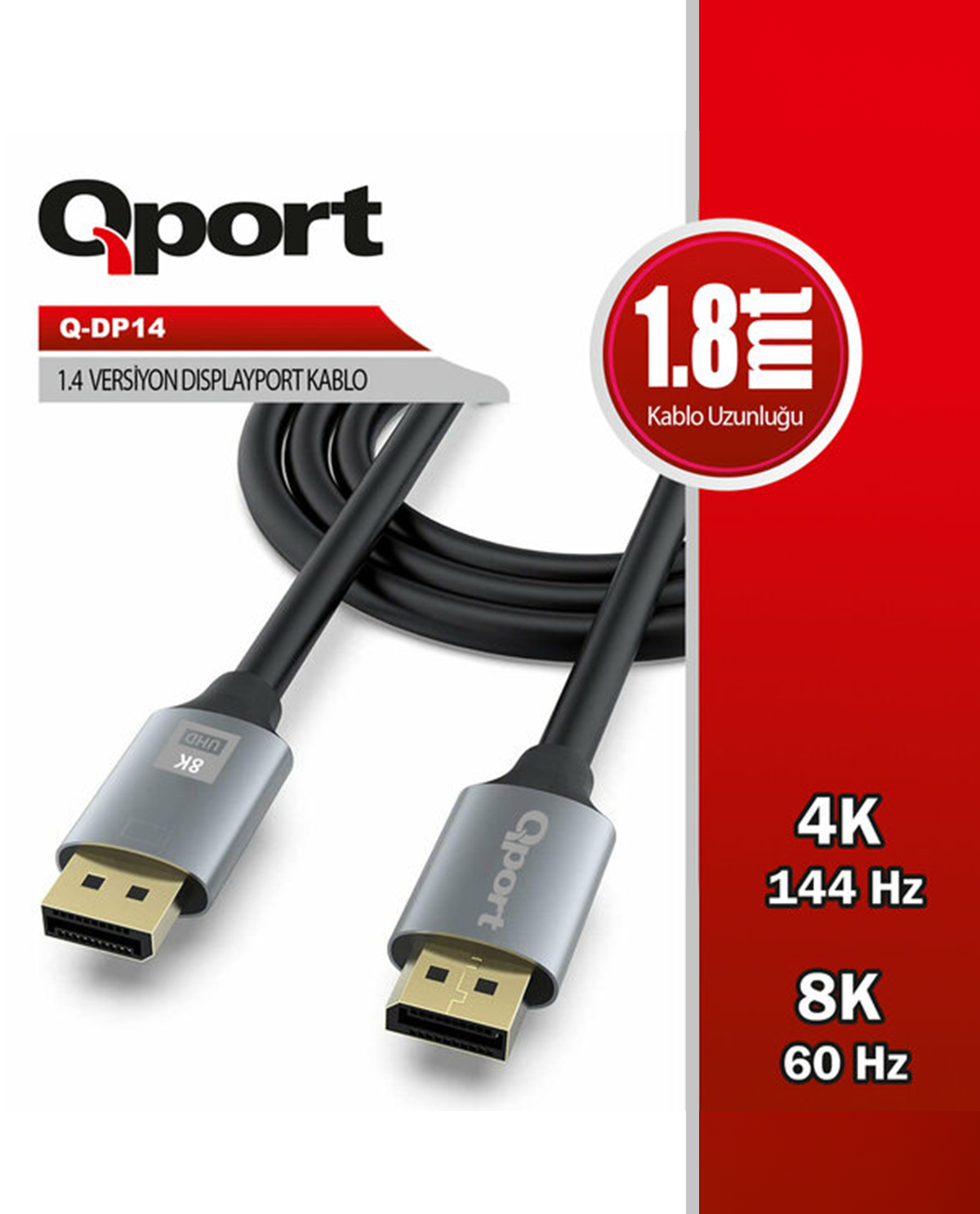 Qport Q-DP14 1.8 Mt DISPLAYPORT to DISPLAYPORT v1.4 Görüntü Kablosu