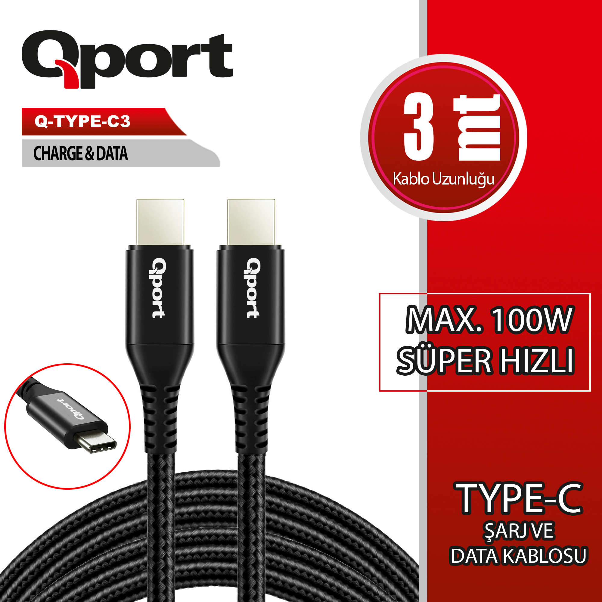 Qport Q-TYPE-C3 3 Mt USB Type C to USB Type C 100W Şarj Data Kablosu