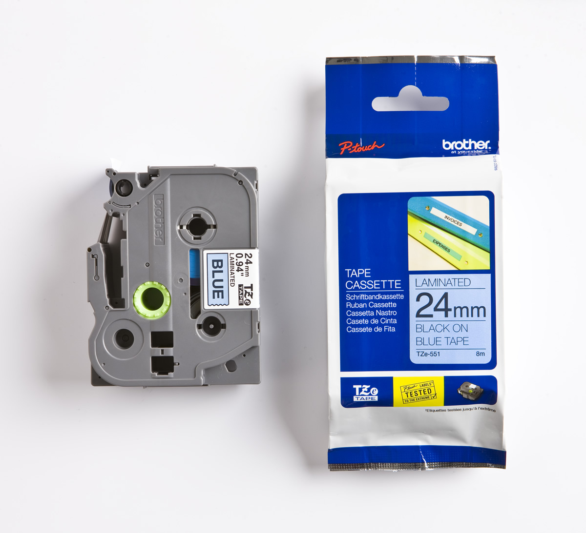Brother TZE-551 P-Touch 24mm Mavi Üzeri Siyah Laminasyonlu Etiket