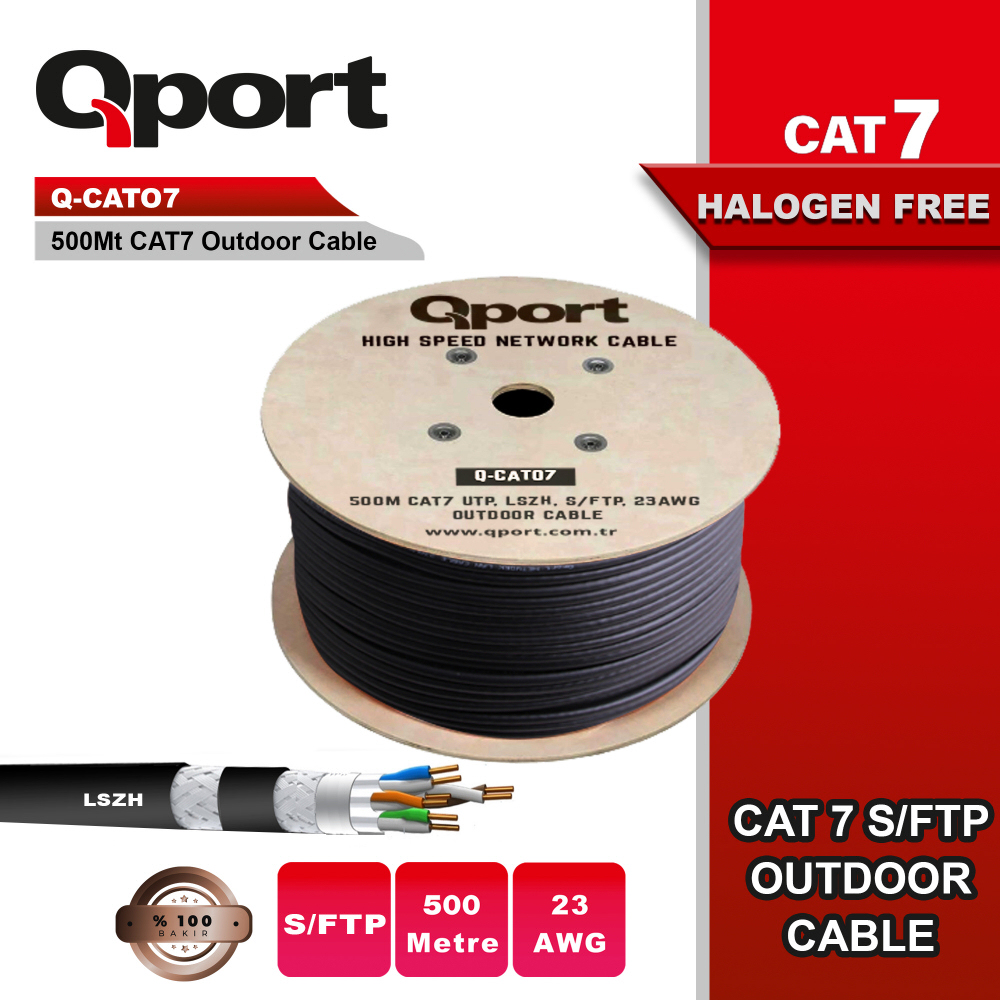 Qport Q-CAT07 500 Mt S/FTP CAT7 23AWG LSOH Full Bakır Siyah Data Kablo