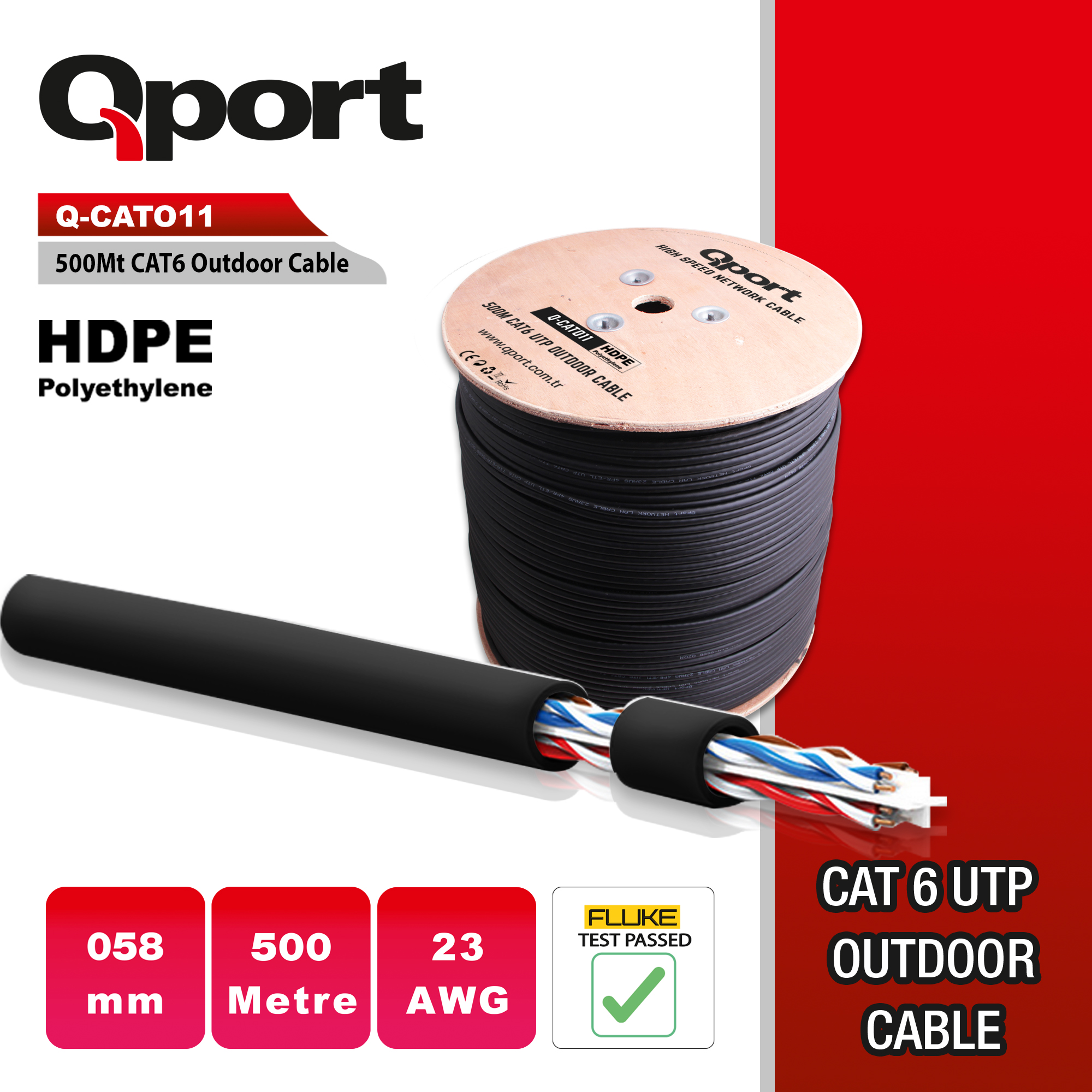 Qport Q-CATO11 500Mt CAT6 UTP23AWG Dış Mekan Siyah Data Kablosu