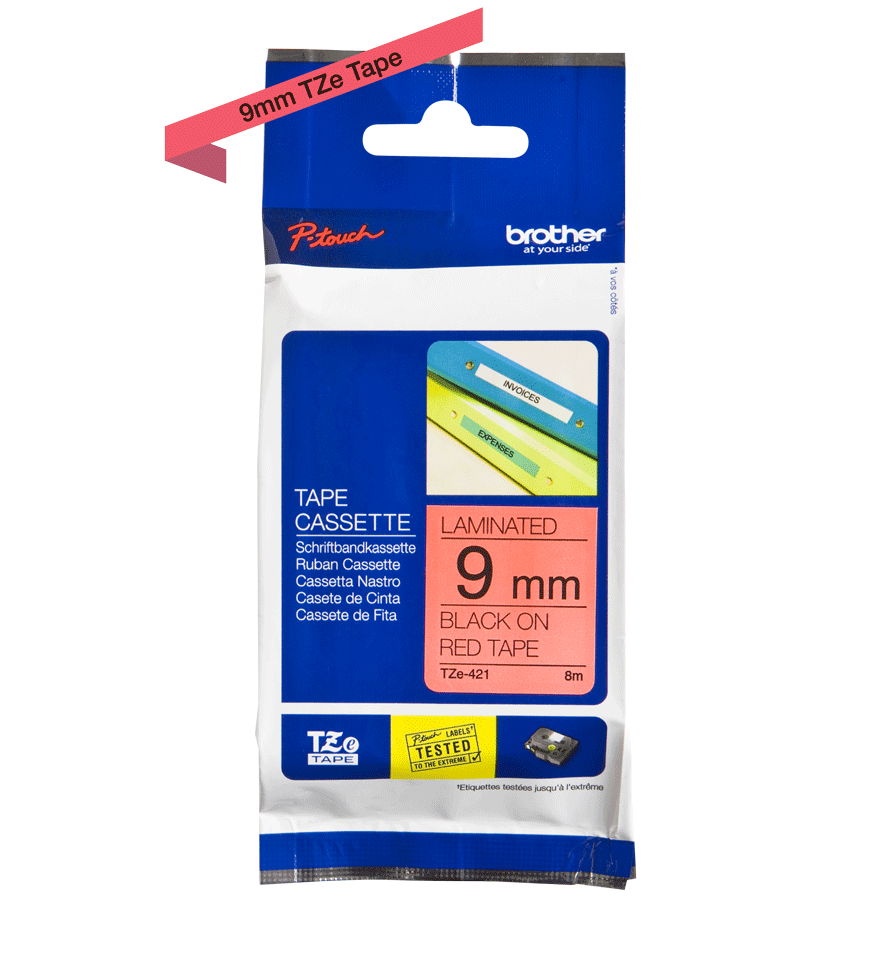 Brother TZE-421 P-Touch 9mm Kırmızı Üzeri Siyah Laminasyonlu Etiket