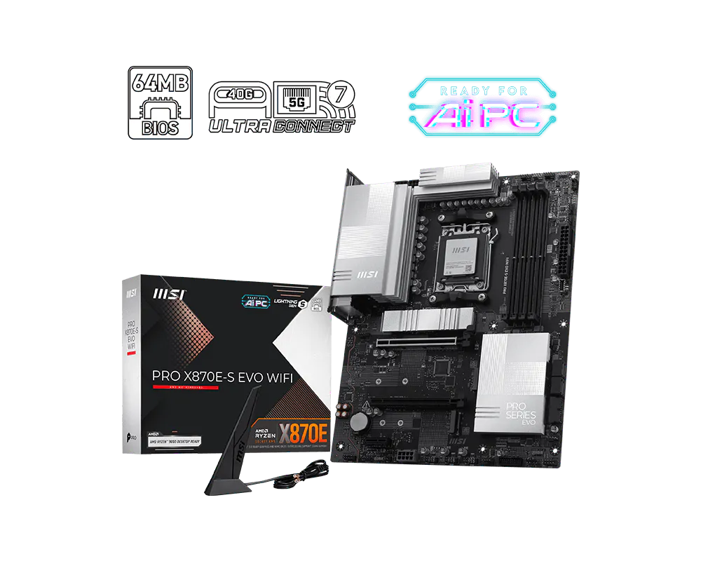 Msi PRO X870E-S EVO WIFI Sc-AM5 DDR5 8200MHz 3xM2 5Gbit Wi-Fi 7 RGB ATX AMD Anakart