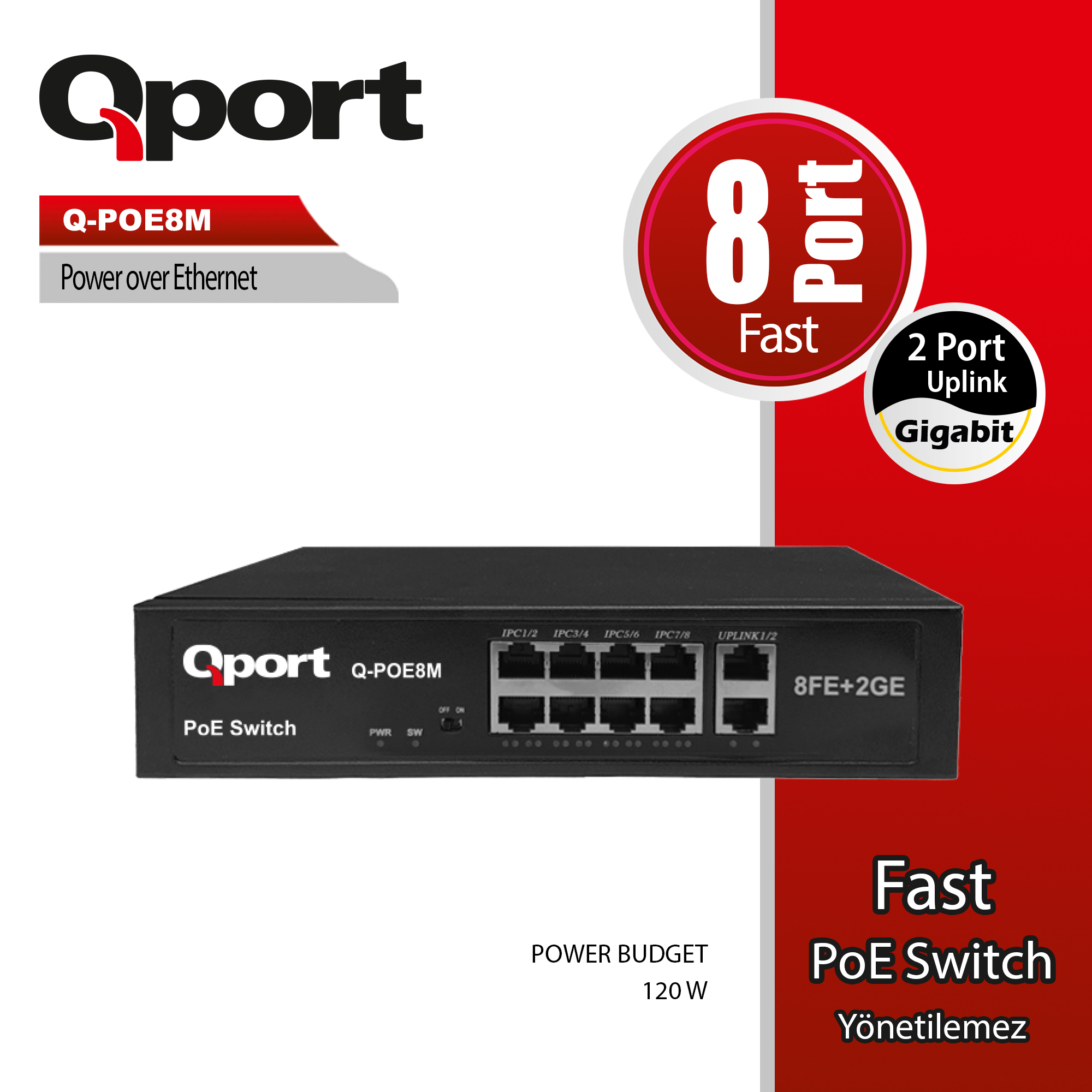 QPOrt Q-POE8M 8 Port 100Mbps POE 2 Port Uplink 120W PoE Switch