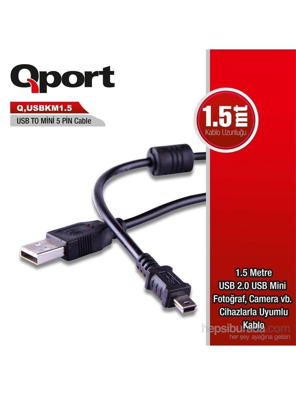 Qport Q-USBKM1.5 1.5 Mt Usb 2.0 to USB mini 5 Pin Kamera ve Data Şarj Kablosu