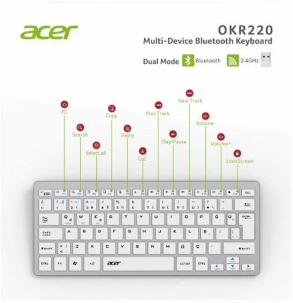 Acer OKR220 Q TR 2.4Ghz Bluetooth Multi Device Dual Mode Beyaz Kablosuz Klavye