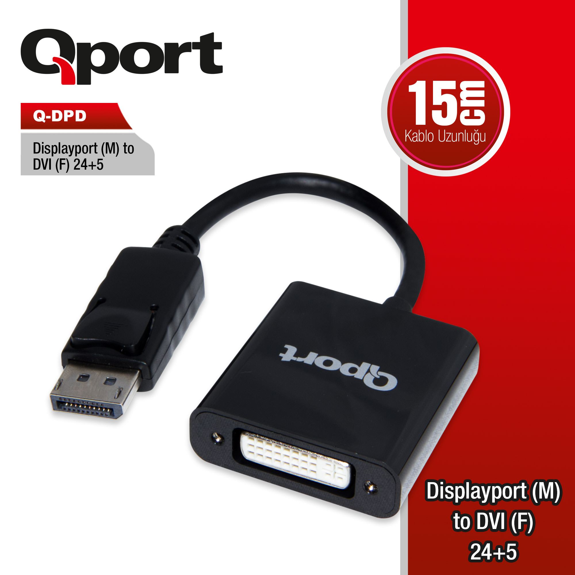 QPort Q-DPD DISPLAY PORt to DVI 24+5 Erkek-Dişi Dönüşütürücü Adaptör