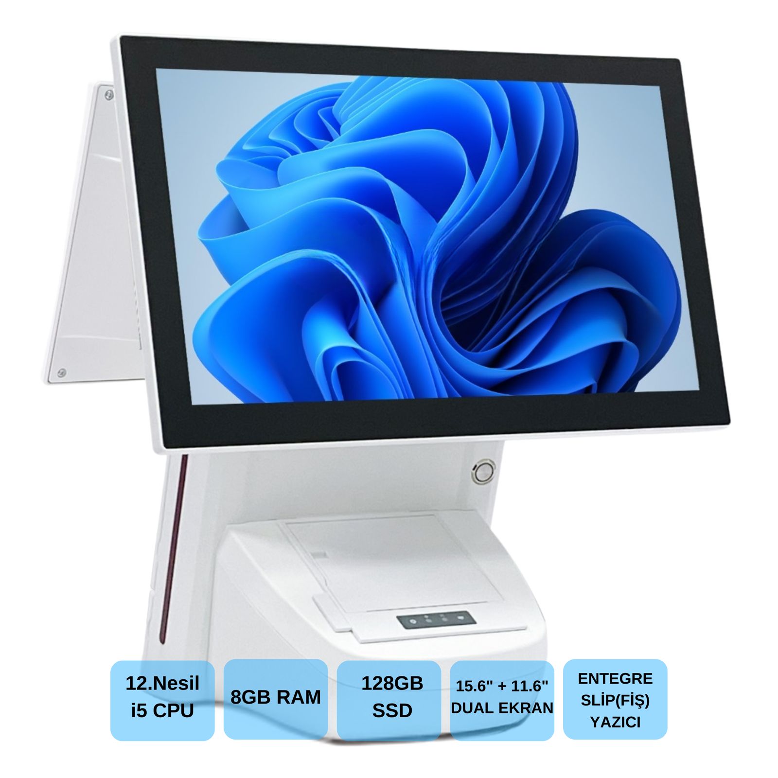 Iromx WP-1215W CI5 12. Nesil 8GB 128GB SSD 15.6 - 11.6 Wi-Fi Dahili Slip Yazıcı Beyaz Endüstriyel Pos Bilgisayar