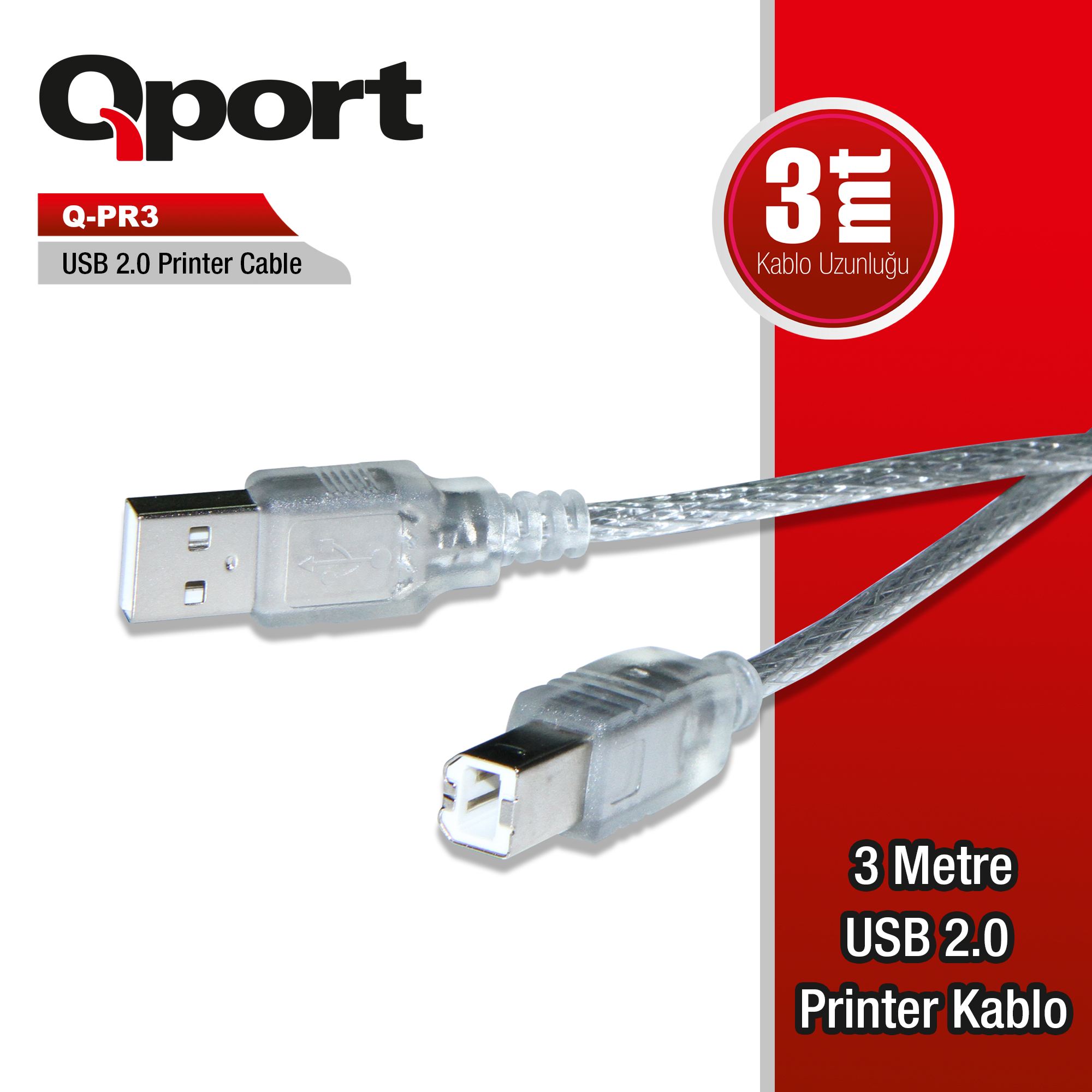 Qport Q-PR3 3 MT USB 2.0 to USB 2.0 B Şeffaf Yazıcı Kablosu