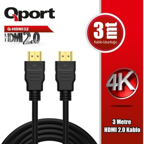 Qport Q-HDMI32 3 Mt HDMI to HDMI v2.0 Erkek-Erkek Altın Uçlu 3D 4K HDMı Görüntü Kablosu
