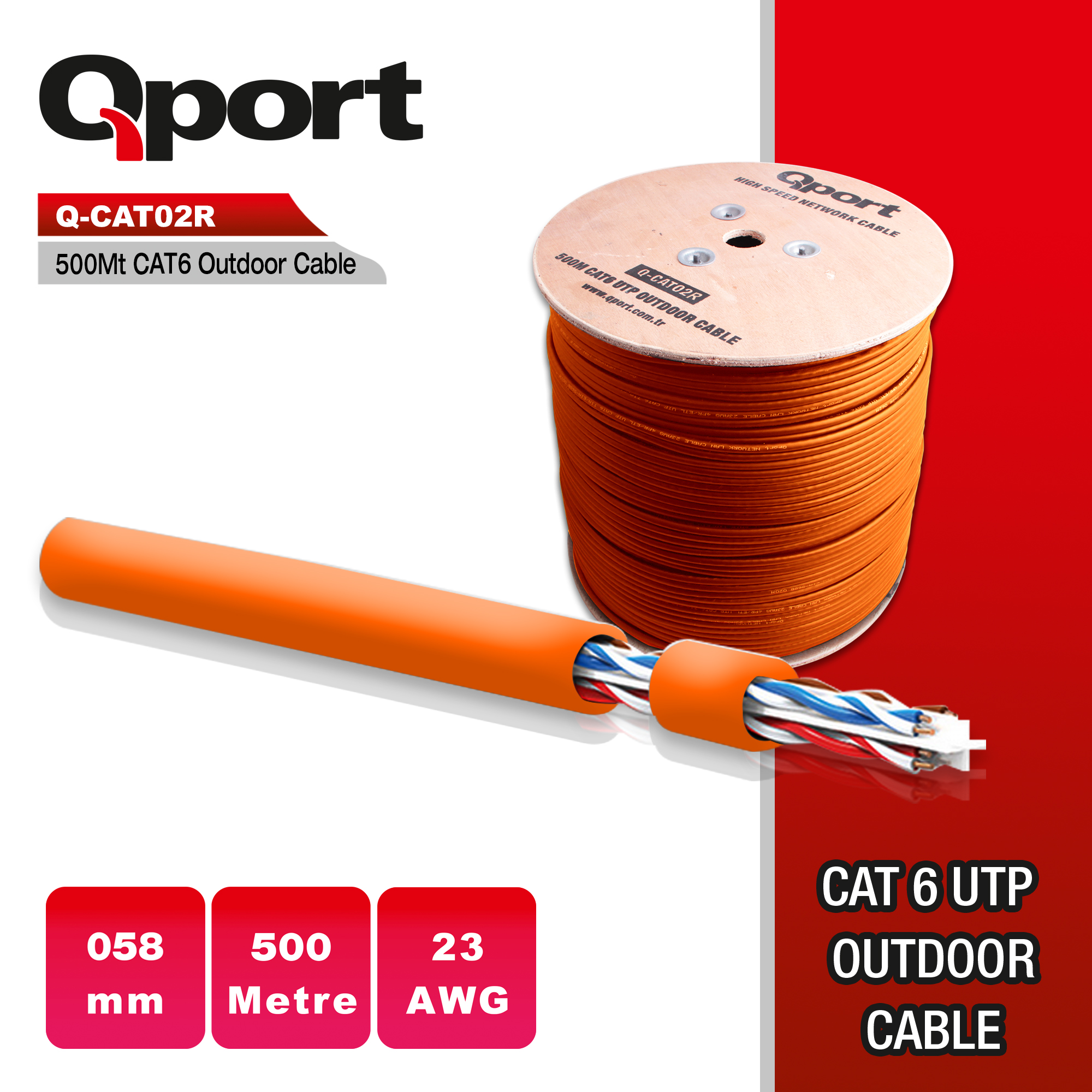 Qport Q-CATO2R 500 Mt UTP CAT6 23AWG 0.58mm Turuncu Network Kablosu