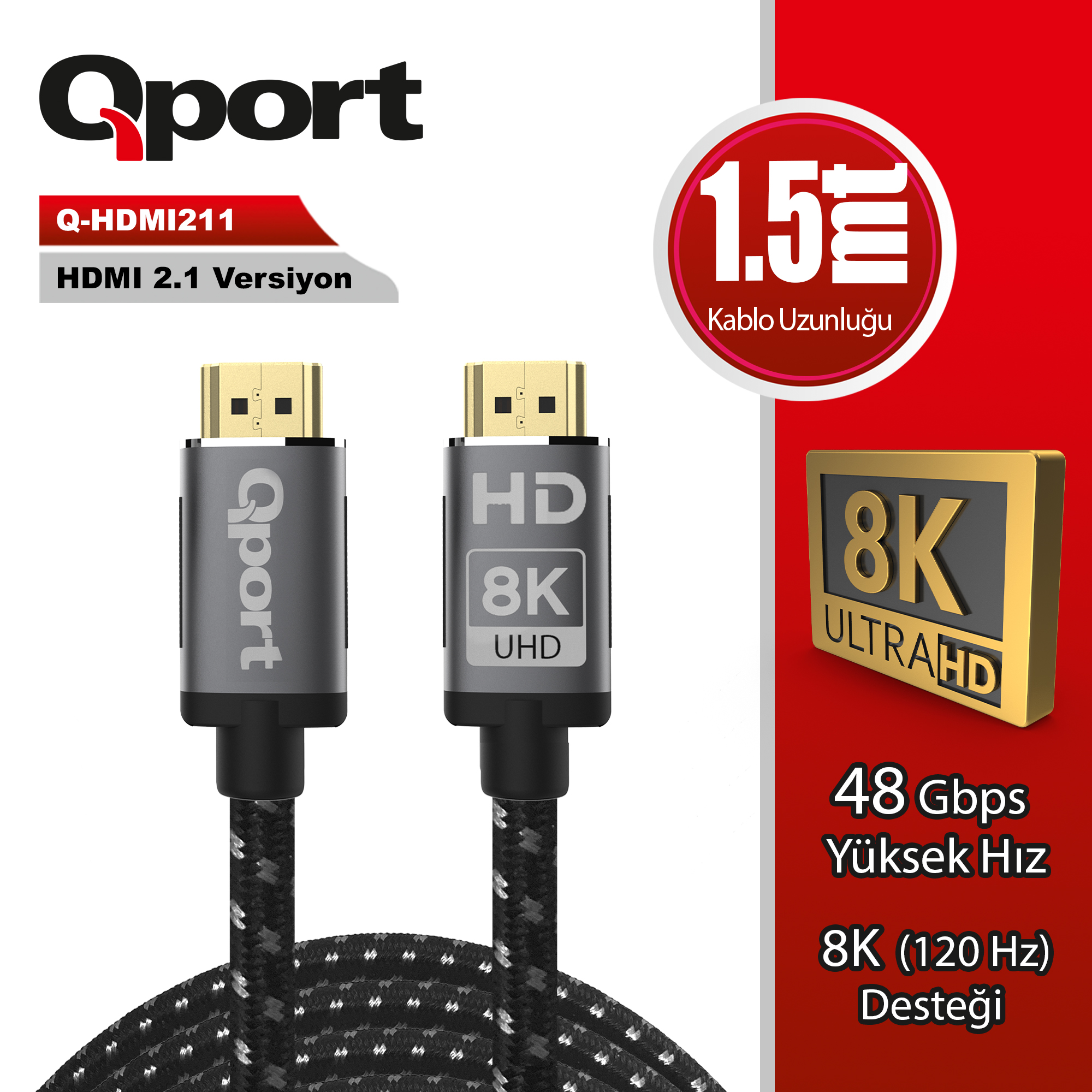 Qport Q-HDMI211 1.5 Mt HDMI to HDMI v2.1 8K Erkek-Erkek Altın Uçlu HDMı Görüntü Kablosu