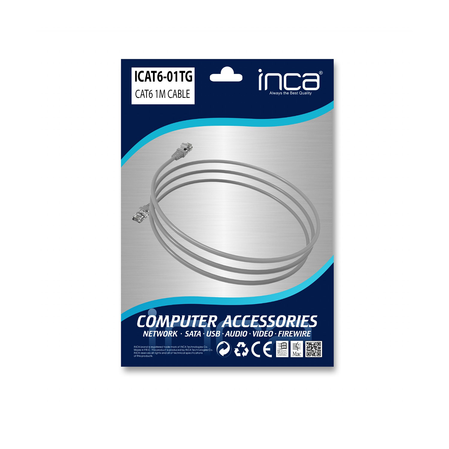Inca ICAT6-01TG 1 Mt CAT6 AWG24 0.57mm 250Hz Gri Patch Cord Kablo