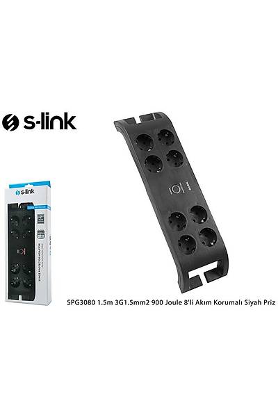 S-Link SPG3080 2 Mt 3x1.5mm 900 Joule 8 li Akım Korumalı Siyah Priz