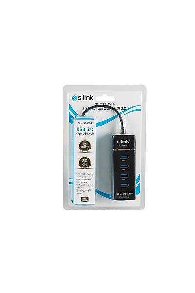 S-Link SL-USB-C63 USB 3.1 Type C to 4 Port USB 3.0 Siyah Çoklayıcı Hub
