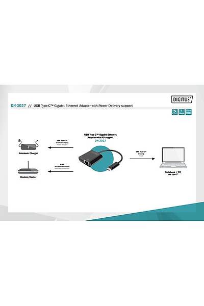 Digitus DN-3027 USB Type C to RJ45 Gigabit 1 Port PD USB Ethernet Adaptr