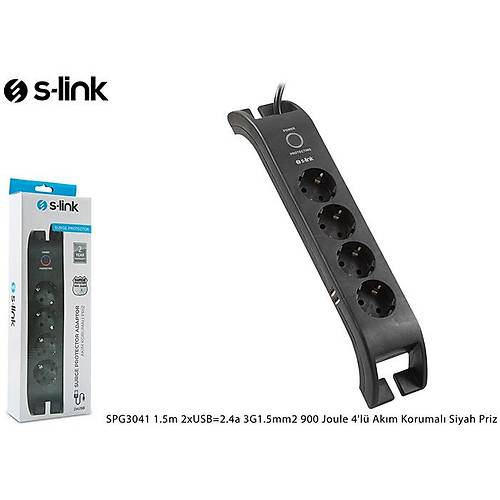 S-Link SPG3041 2 Mt 3x1.5mm 4 lü 900 Joule 2 USB 2.4A Siyah Akım Korumalı Priz