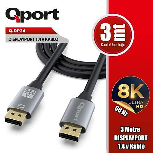 Qport Q-DP04 3 mt DISPLAY PORT to DISPLAY PORT 1.4V G�r�nt� Kablosu
