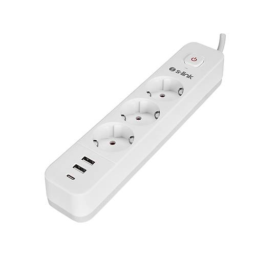 S-Link SPG03TC 1.5 Mt Kablou 3 l� 2x USB 5v 2.4A 100% Bak�r 750 Joule Anahtarl� Beyaz Ak�m Korumal� Priz