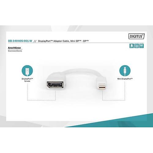 Digitus DB-340405-001-W mini DISPLAY PORT to DISPLAY PORT 1.2 Erkek-Dii Dntrc Adaptr