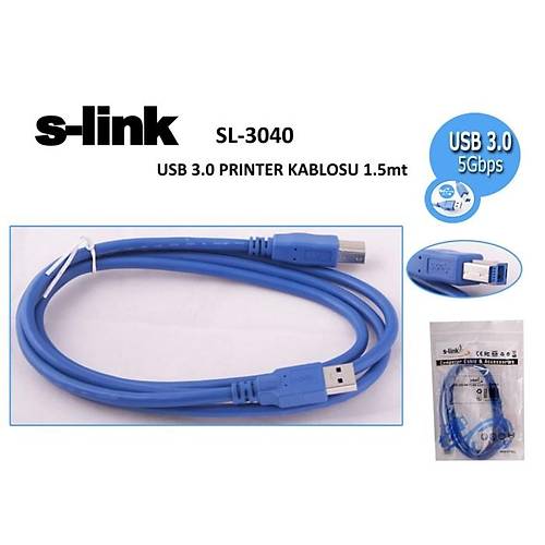 S-Link SL-3040 1.5 Mt USB 3.0 to USB B Erkek-Erkek Mavi USB 3.0 Yazc Kablosu