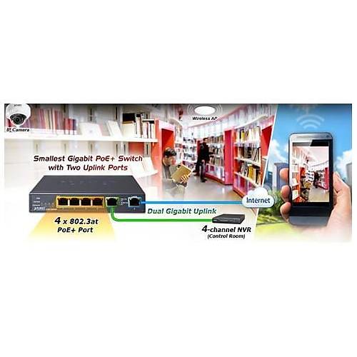 Planet PL-GSD-604HP 4 Port Gigabit PoE+ 2 Port Gigabit 55W PoE+ Masa�st� Switch