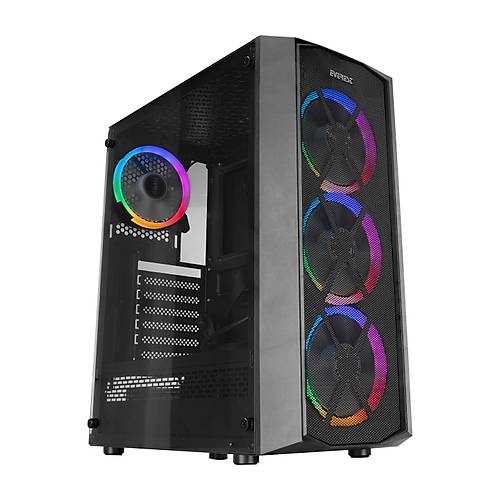Everest FLAT MESH PSU YOK 4x12cm RGB Fan Tempered Caml ATX Mid-T Gaming Oyuncu Kasas