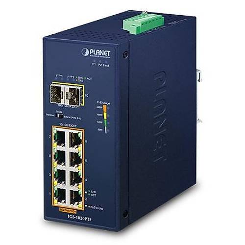Planet PL-IGS-1020PTF 8 Port Gigabit PoE+ 2 Port SFP 240W PoE Endstriyel Ynetilebilir Switch